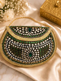 Vintage Kundan Handbag | Gold Green Embossed Metal Clutch for Indian Weddings