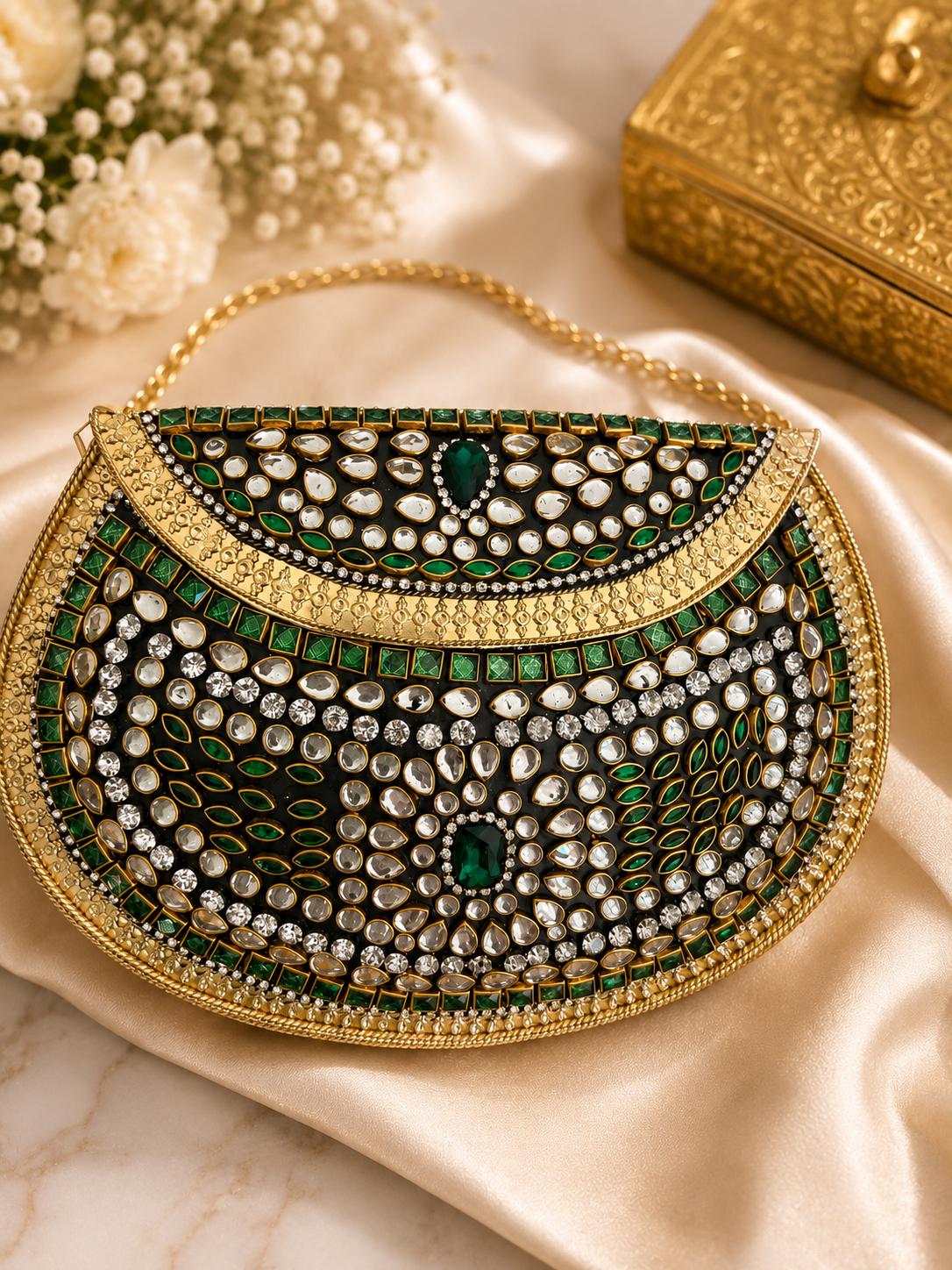 Vintage Kundan Handbag | Gold Green Embossed Metal Clutch for Indian Weddings