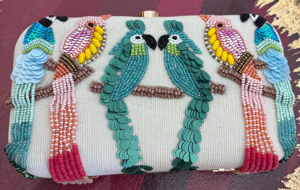 Beaded Bird Clutch Bag | Embroidered Evening Purse, Nature Inspired Ivory Fabric