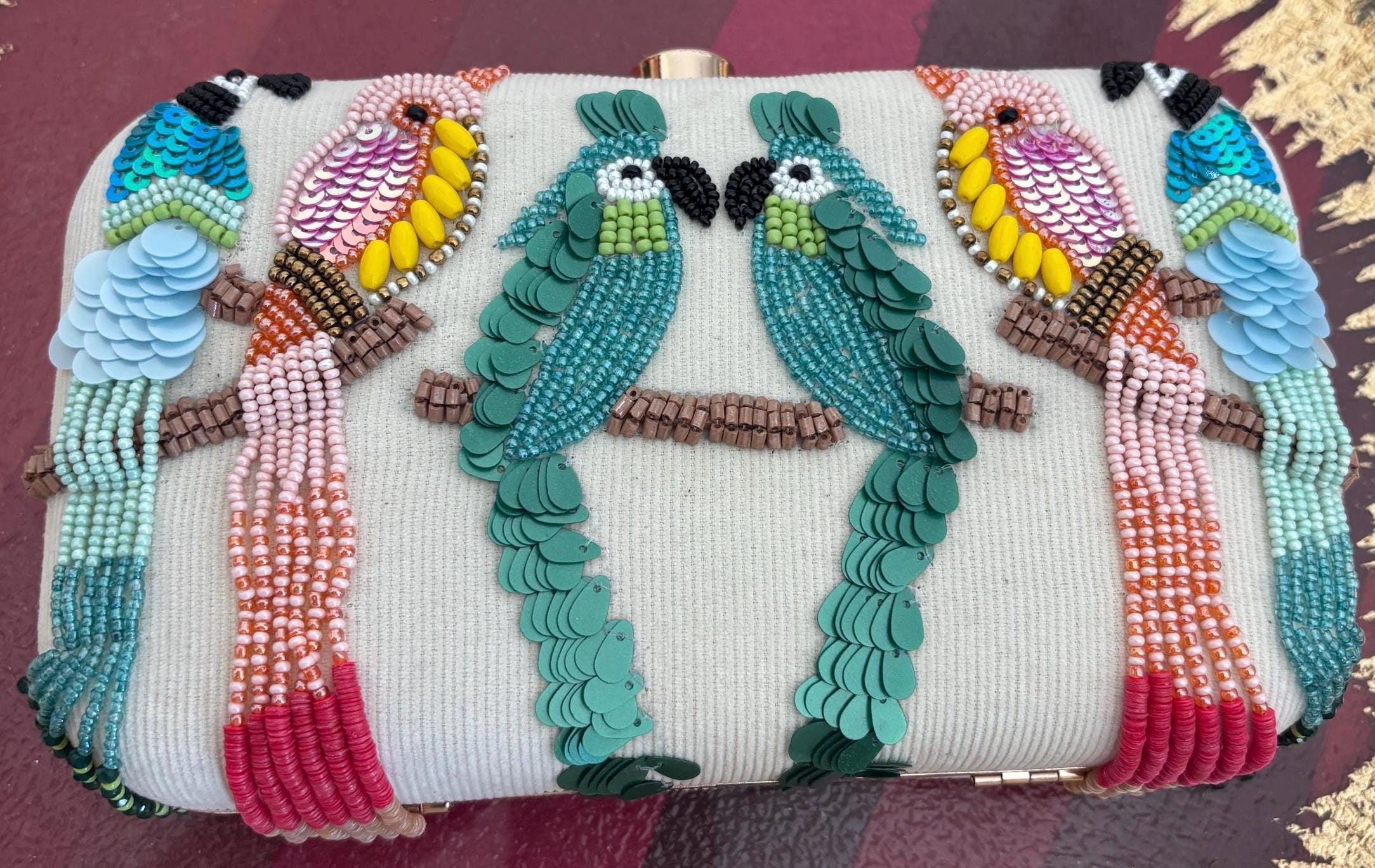 Beaded Bird Clutch Bag | Embroidered Evening Purse, Nature Inspired Ivory Fabric