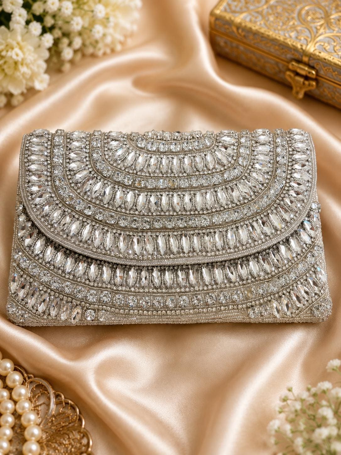 White Silver Crystal Clutch | Rhinestone Embellished Evening Bag | Bridal Purse