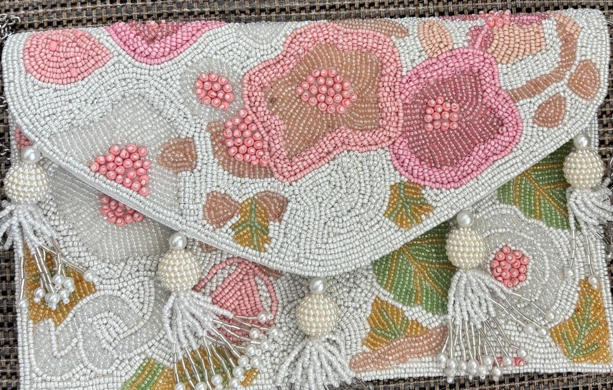 Beaded Floral Envelope Clutch | Pearl Tassel Evening Purse, Wedding Bag