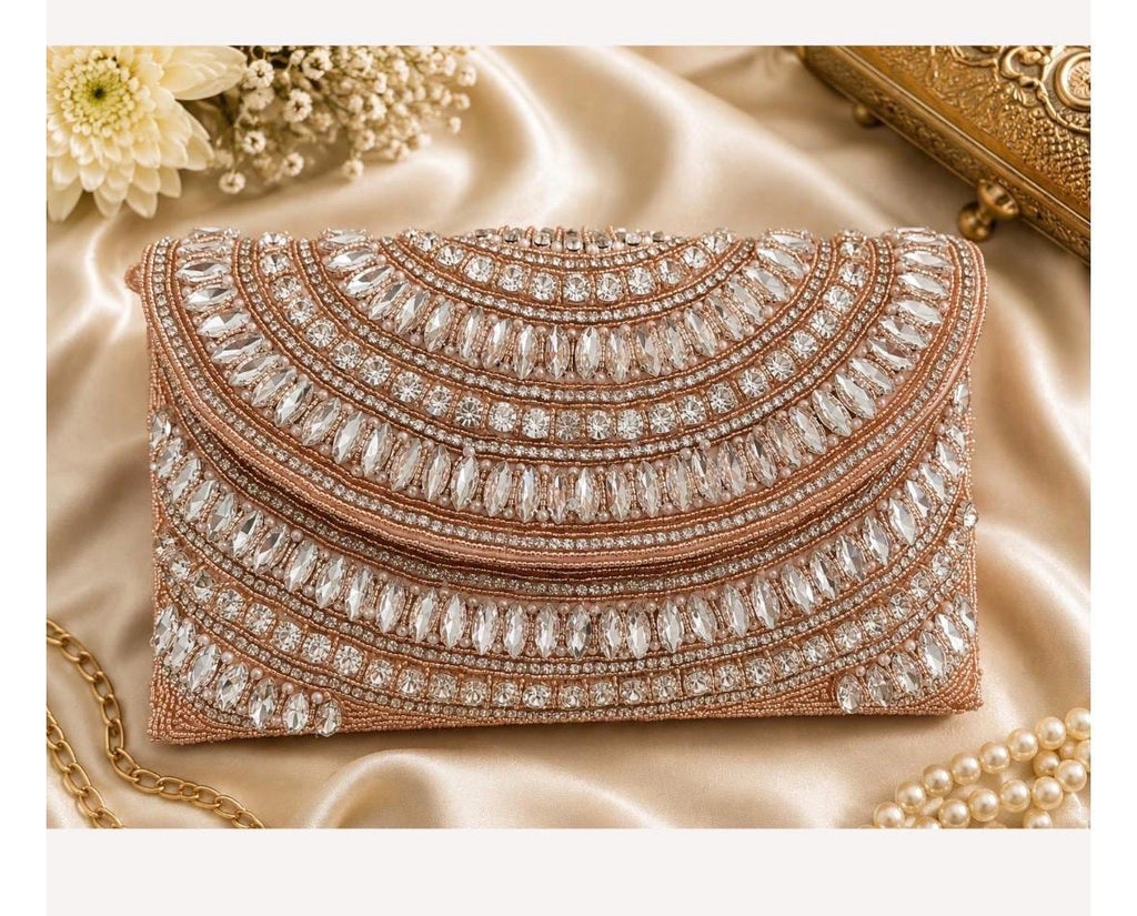 Champagne Gold Crystal Clutch | Rhinestone Embellished Evening Bag | Bridal Purse