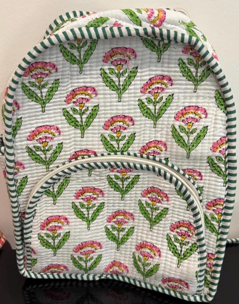 Hand Block Printed Quilted Cotton Backpack, Boho Floral Travel Daypack, Lightweight Everyday Bag