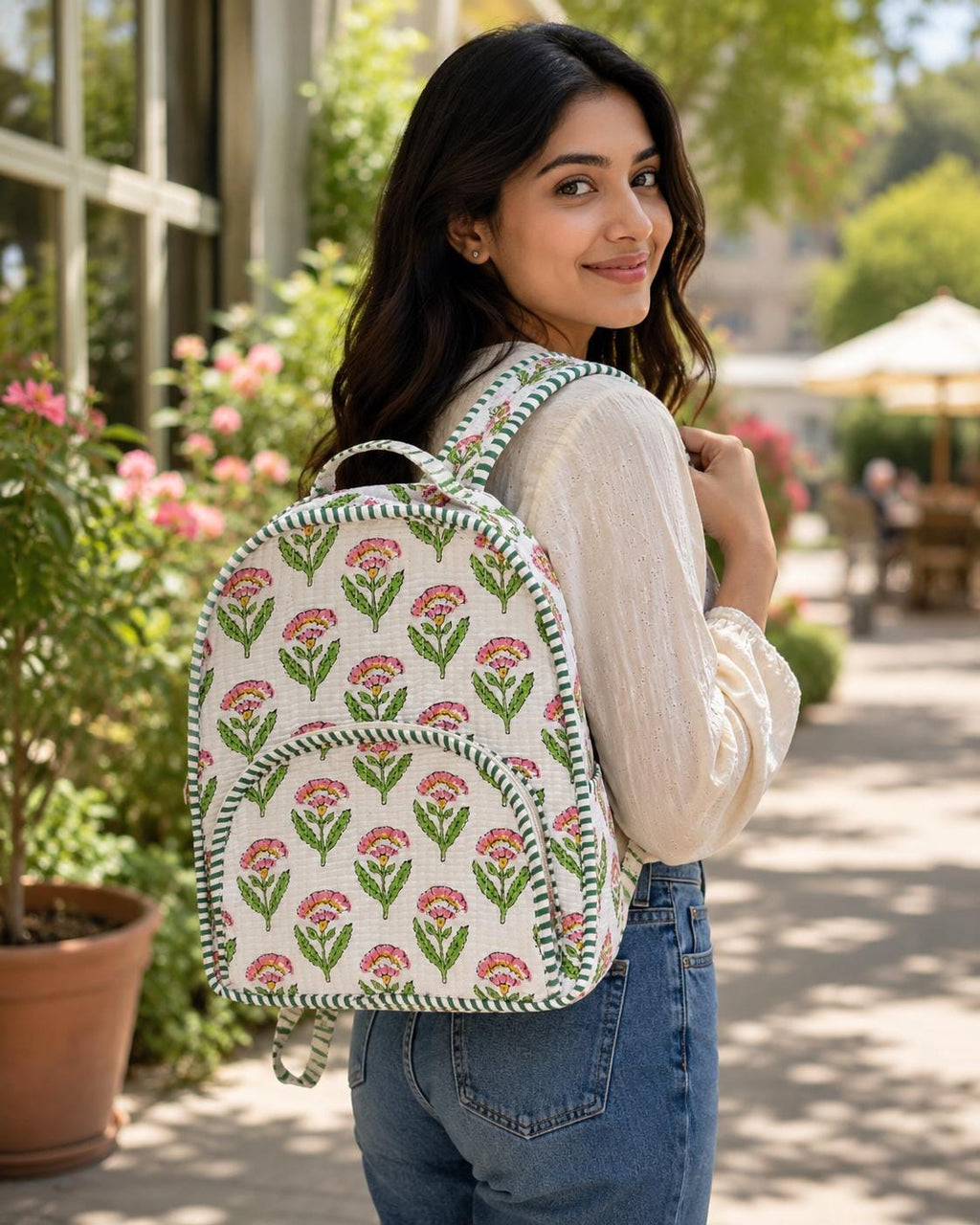 Hand Block Printed Quilted Cotton Backpack, Boho Floral Travel Daypack, Lightweight Everyday Bag