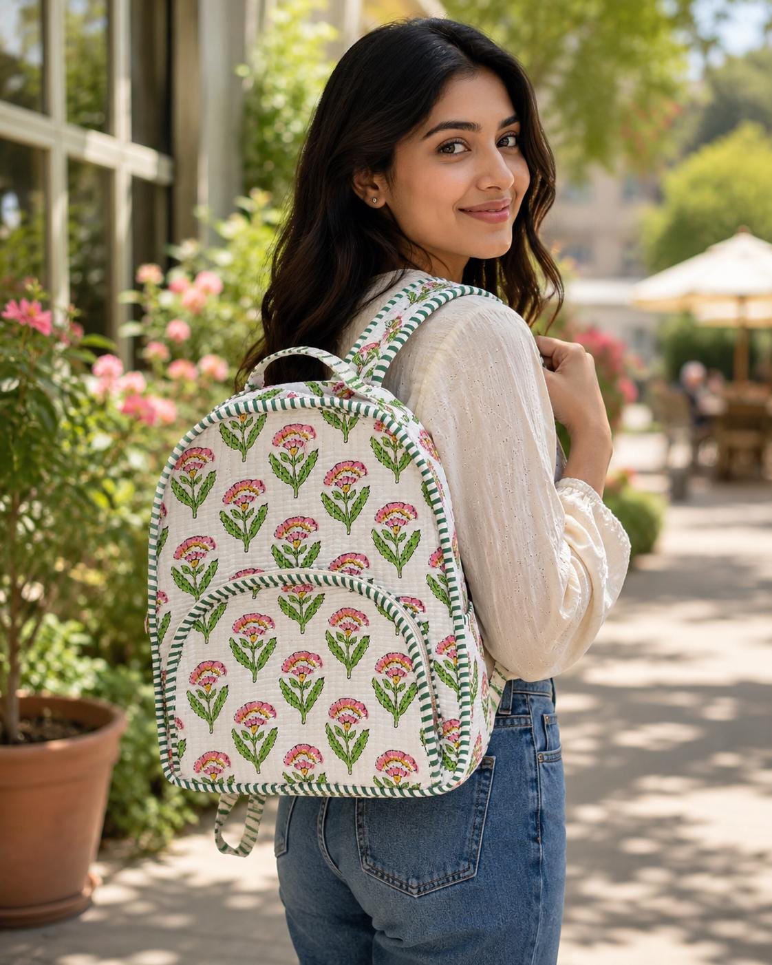 Hand Block Printed Quilted Cotton Backpack, Boho Floral Travel Daypack, Lightweight Everyday Bag