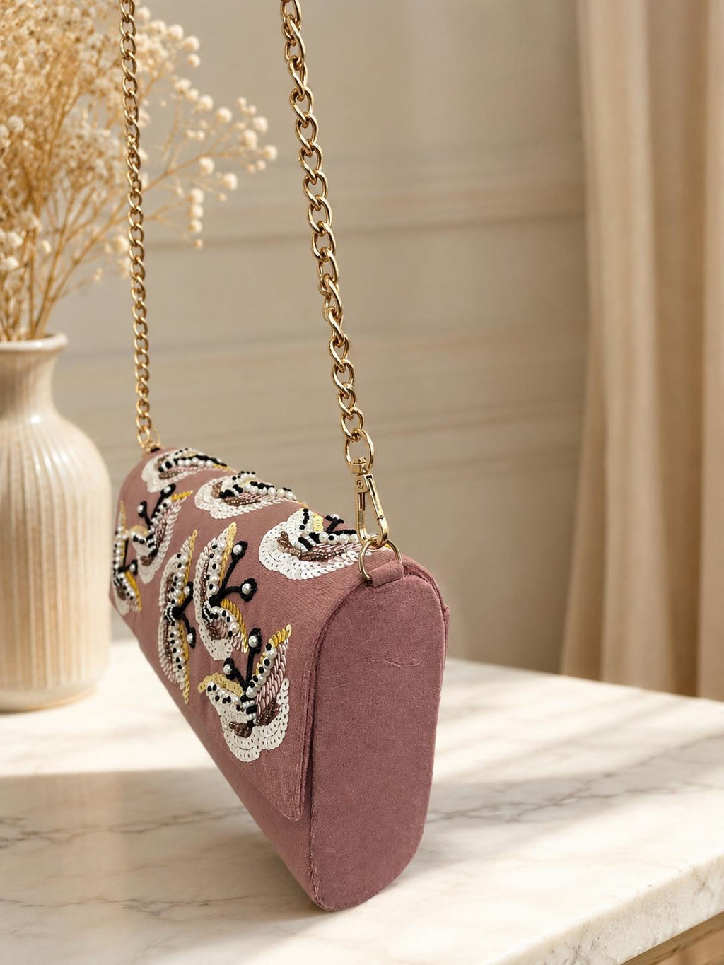 Pink Velvet Sequin Sling Bag | Beaded Evening Clutch, Gold Chain Purse