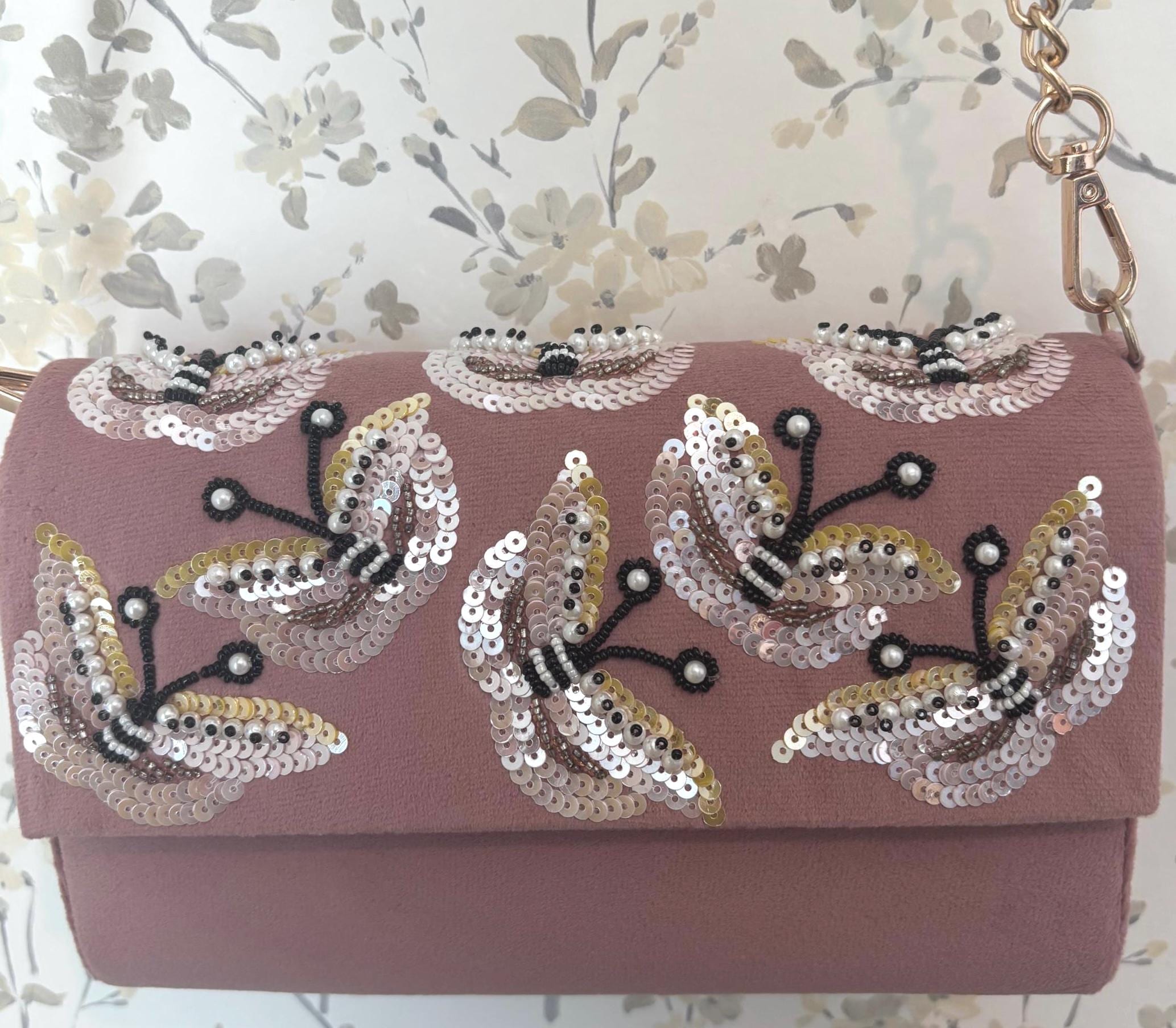 Pink Velvet Sequin Sling Bag | Beaded Evening Clutch, Gold Chain Purse