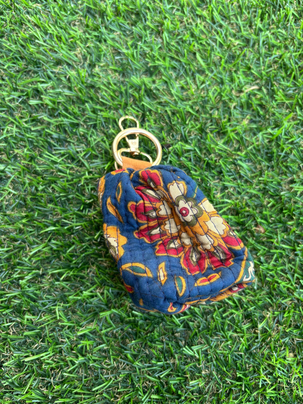 Hand Block Print Quilted Cotton Mini Pouch Keychain, Floral Earphone Case