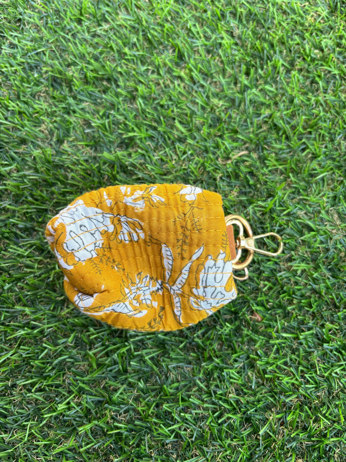 Hand Block Print Quilted Cotton Mini Pouch Keychain, Floral Earphone Case