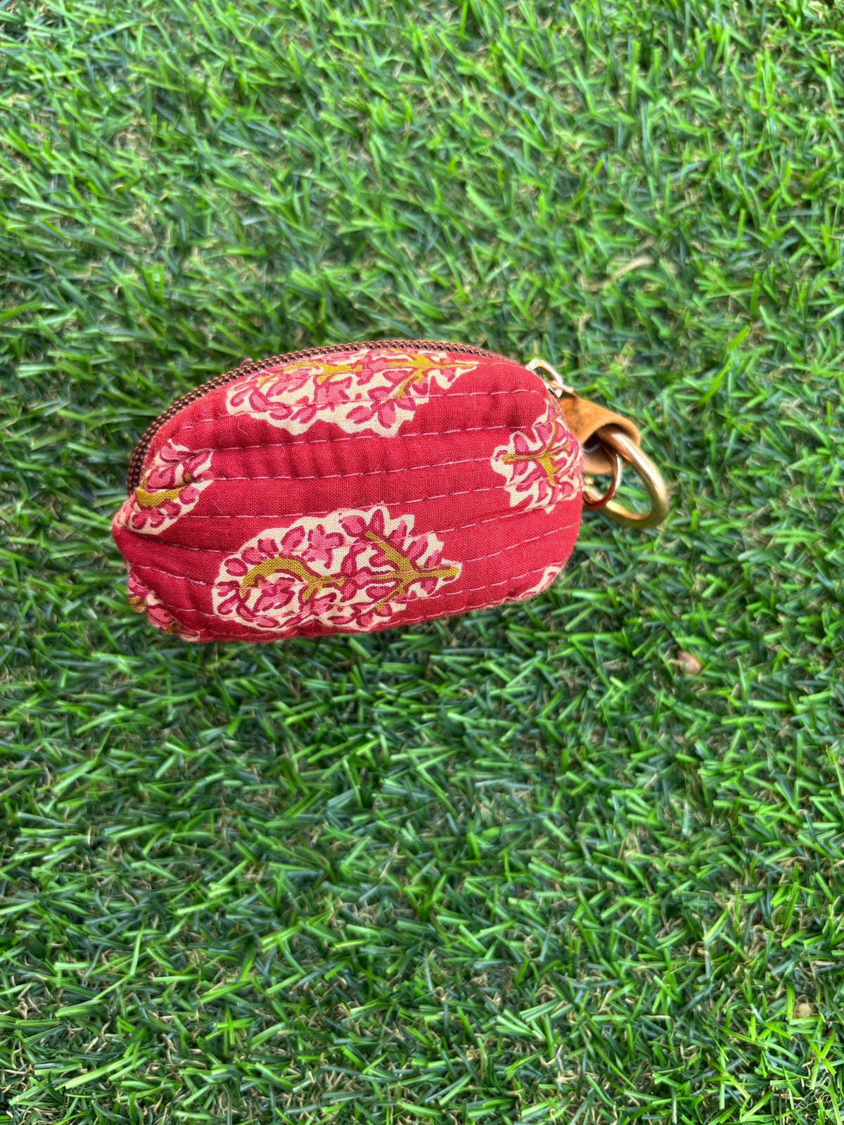 Hand Block Print Quilted Cotton Mini Pouch Keychain, Floral Earphone Case