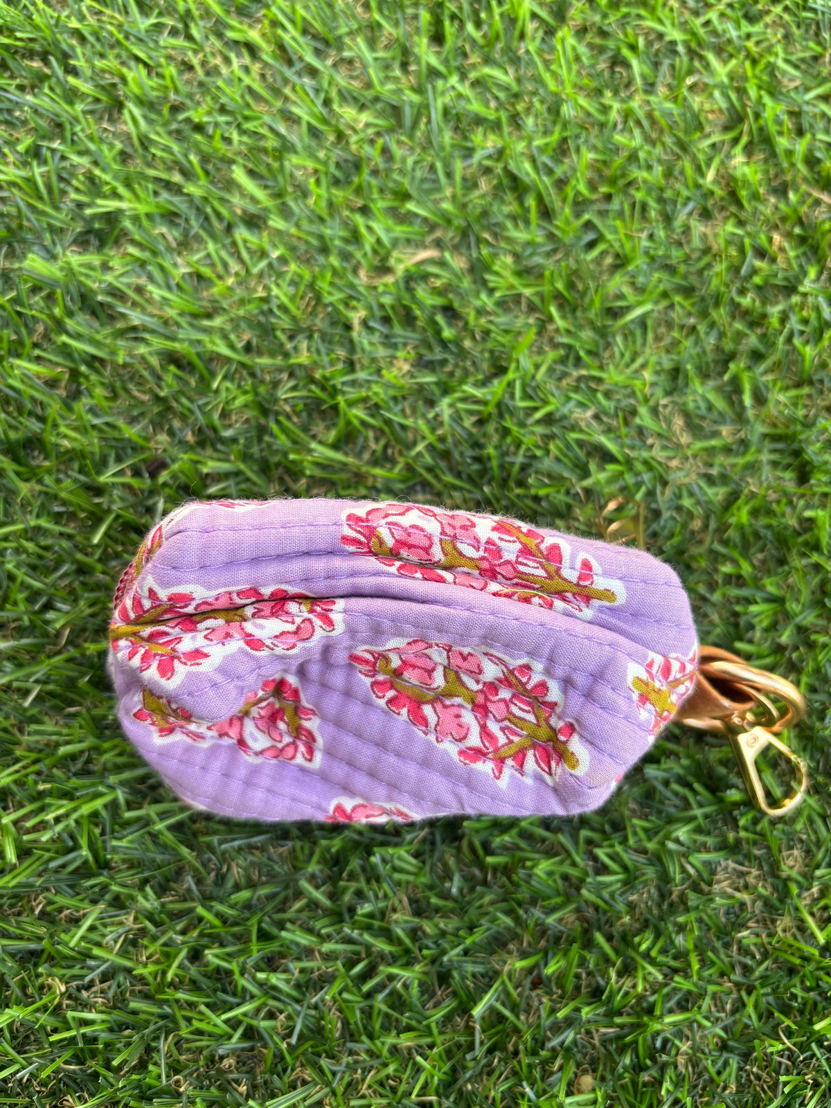 Hand Block Print Quilted Cotton Mini Pouch Keychain, Floral Earphone Case