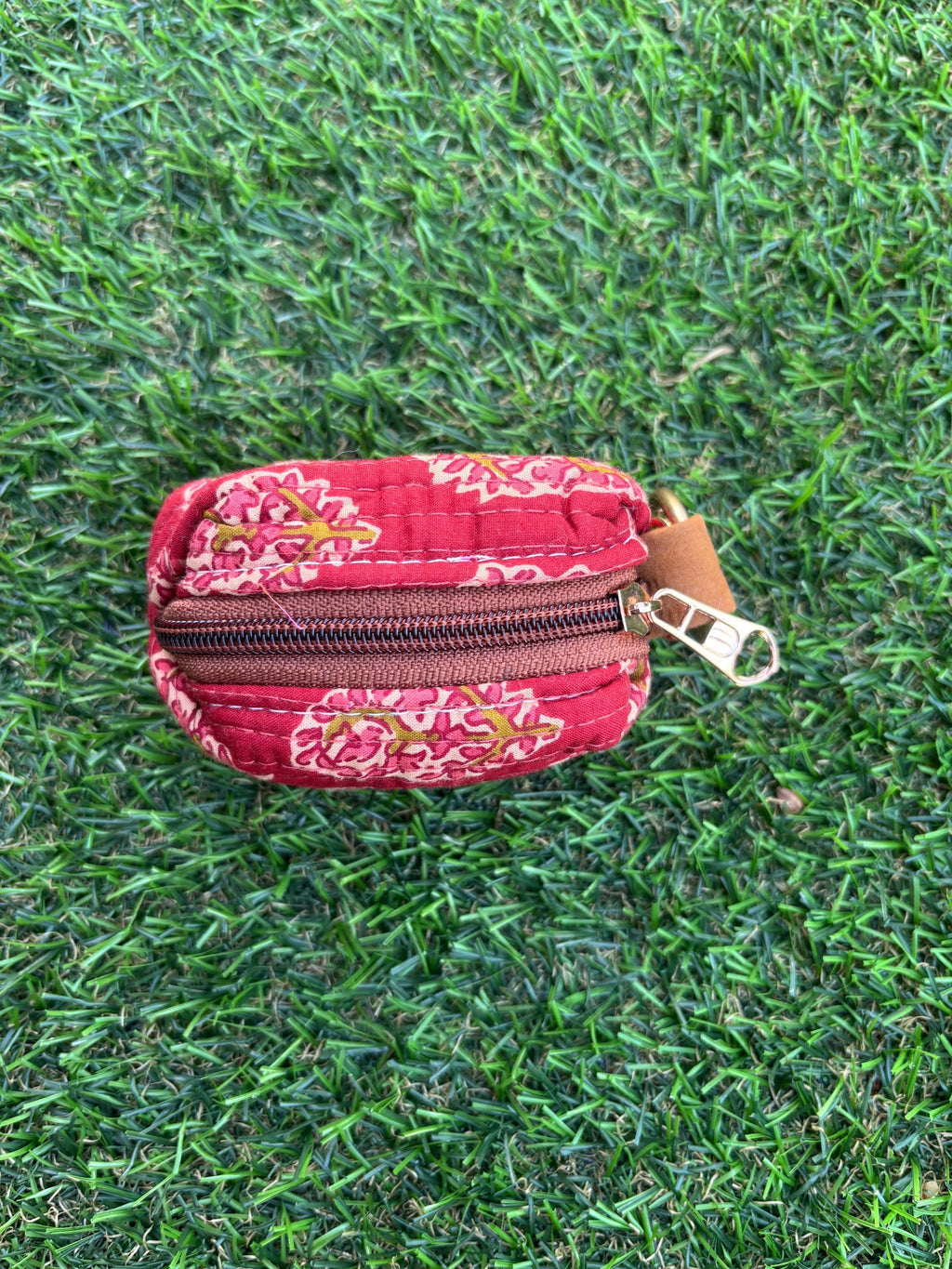 Hand Block Print Quilted Cotton Mini Pouch Keychain, Floral Earphone Case