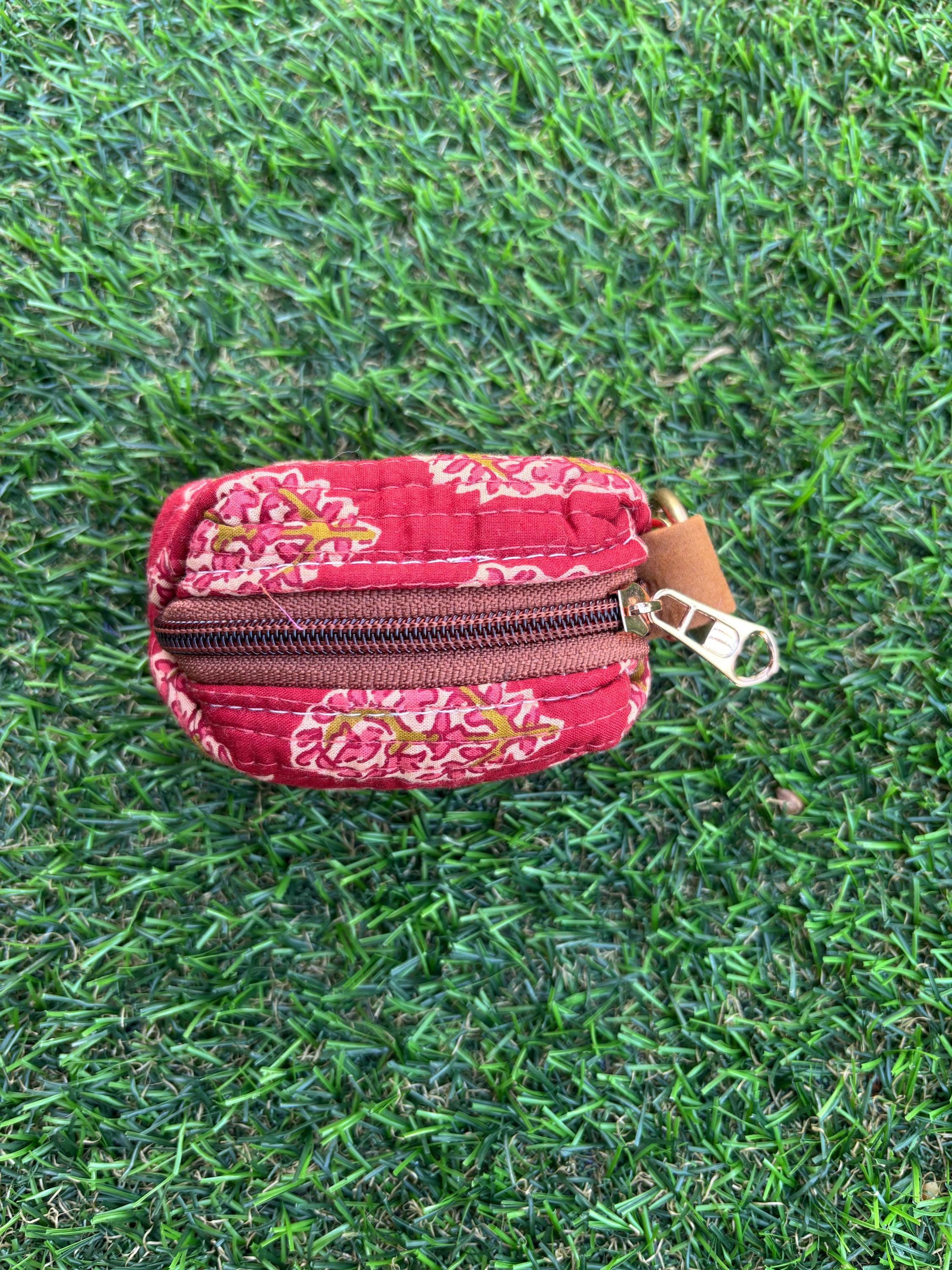 Hand Block Print Quilted Cotton Mini Pouch Keychain, Floral Earphone Case