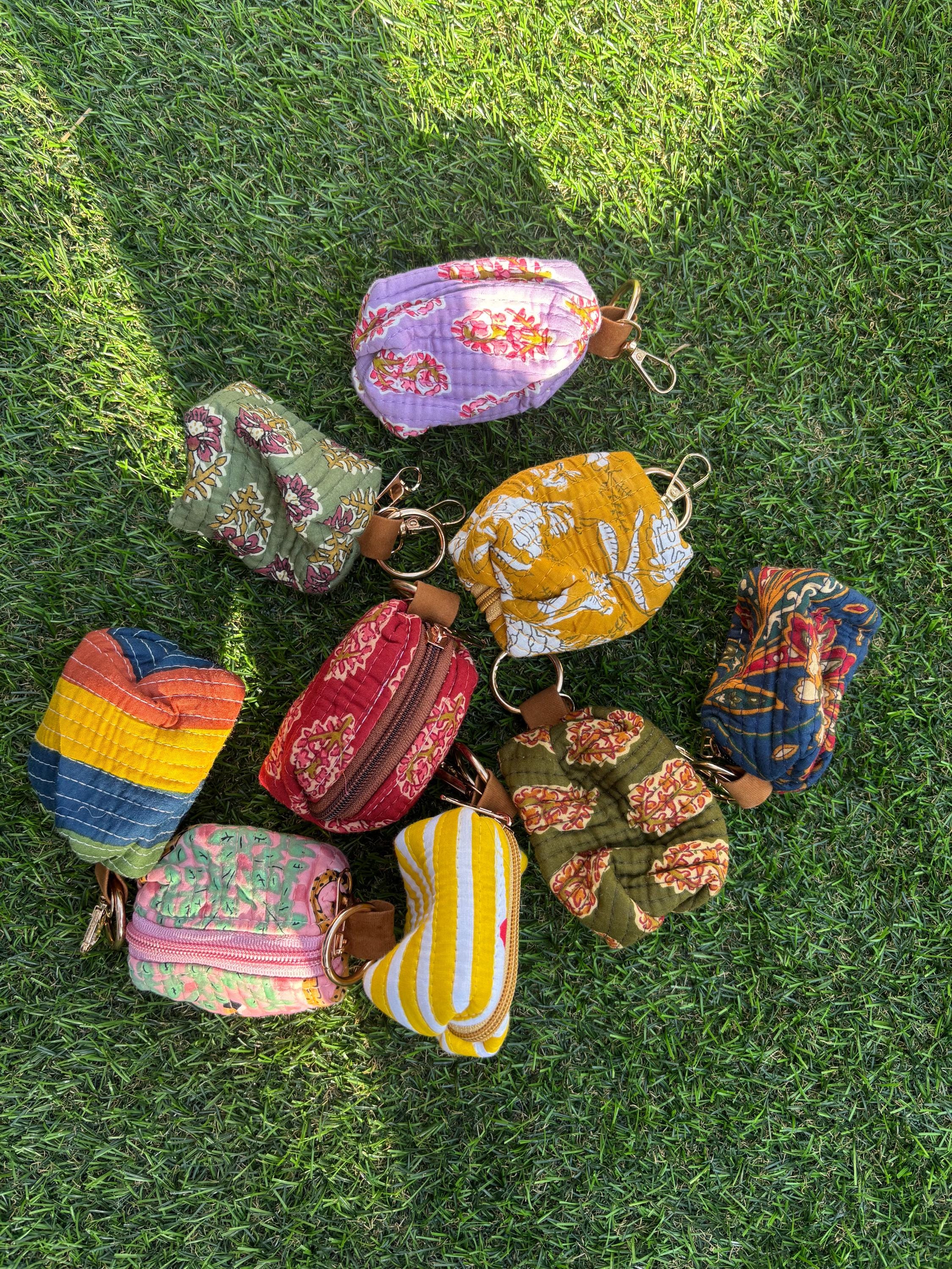 Hand Block Print Quilted Cotton Mini Pouch Keychain, Floral Earphone Case