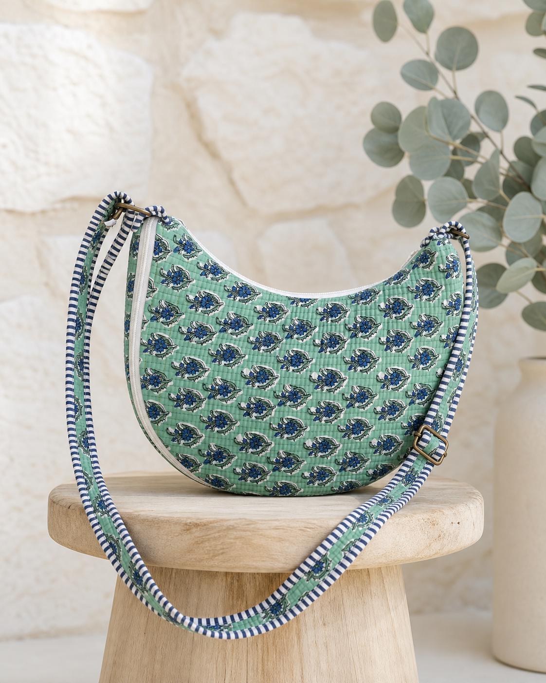 Quilted Cotton Crossbody Bag, Artisan Block Printed Sling Purse