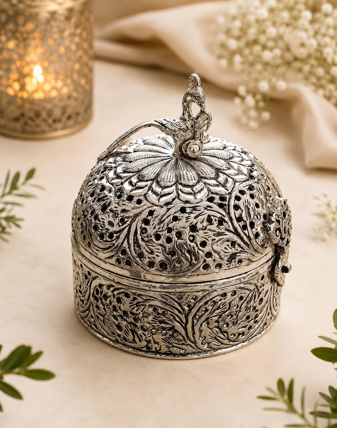 Vintage German Silver Peacock Trinket Box | Ornate Engraved Keepsake Container