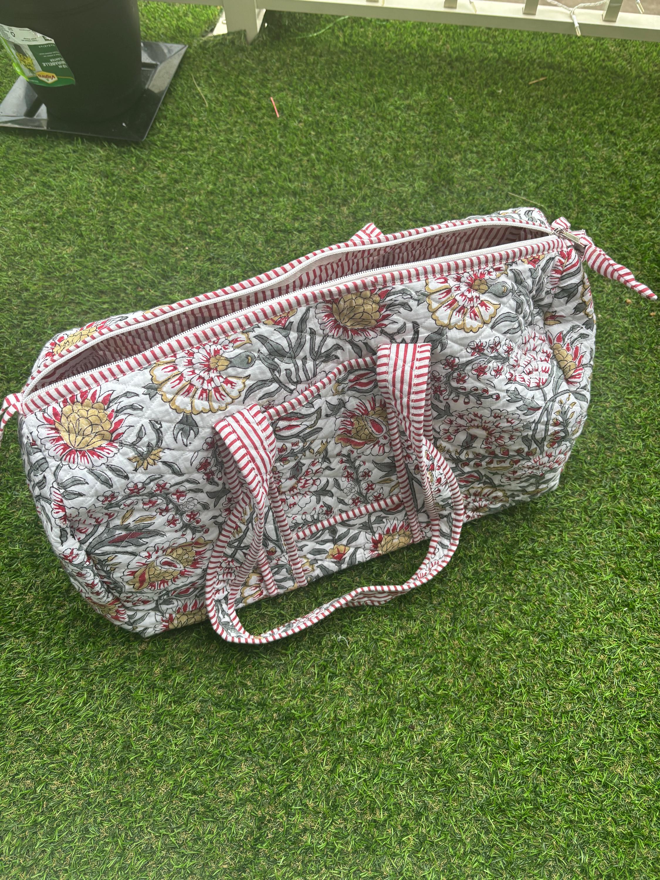 Handmade Quilted Cotton Duffle Bag, Floral Block Print Travel Weekender, Boho Style