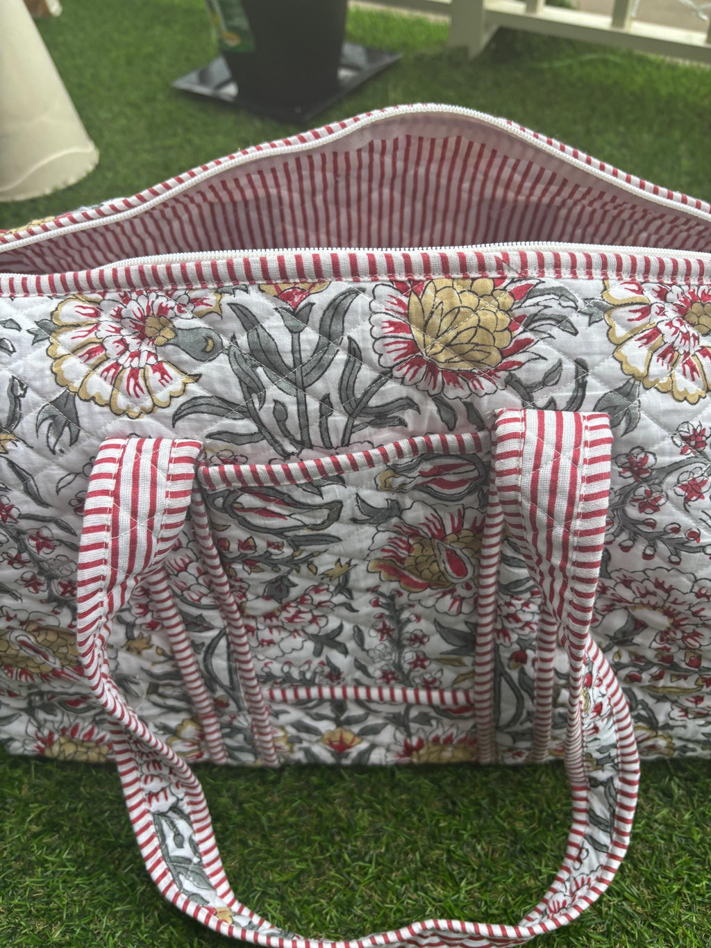Handmade Quilted Cotton Duffle Bag, Floral Block Print Travel Weekender, Boho Style