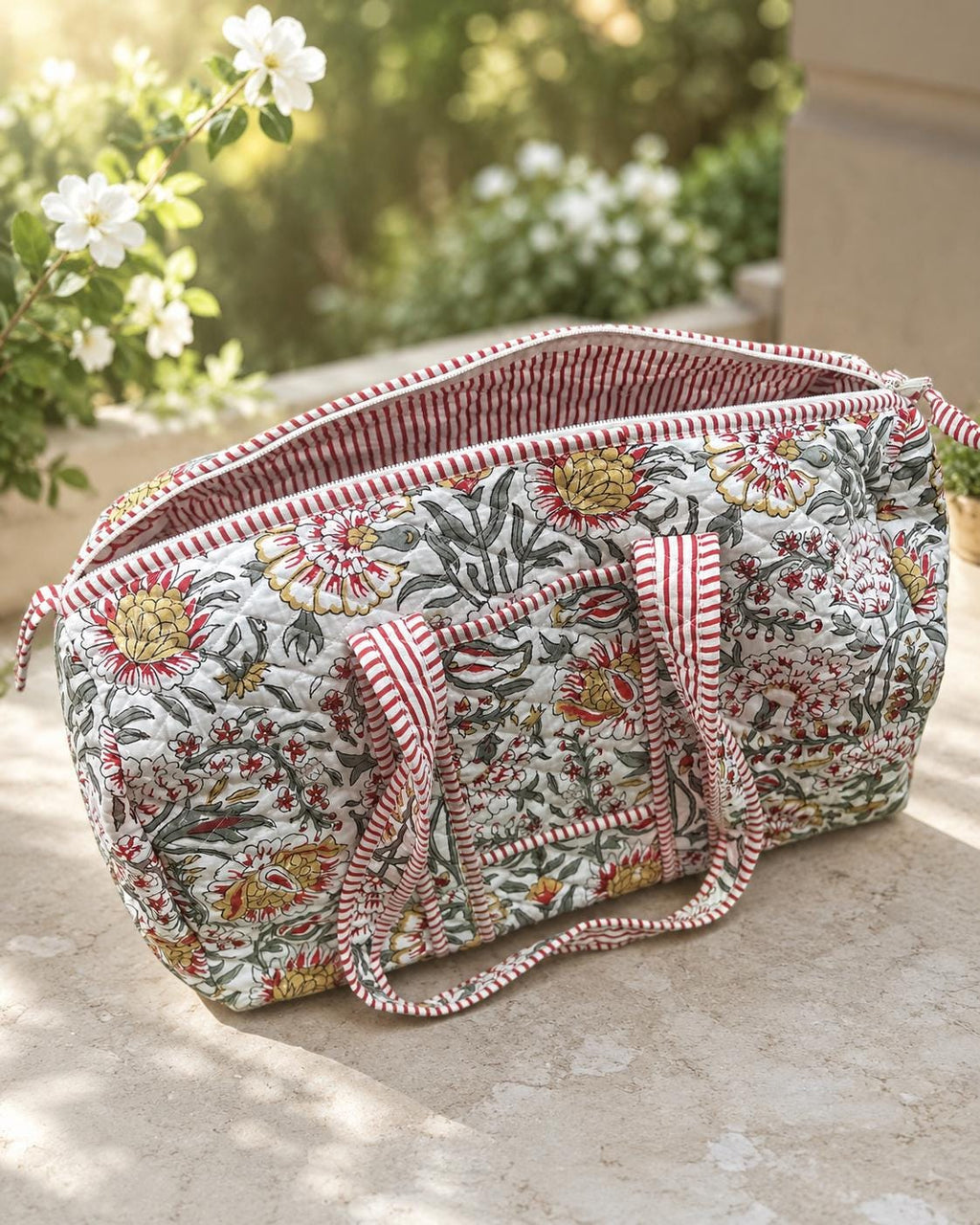 Handmade Quilted Cotton Duffle Bag, Floral Block Print Travel Weekender, Boho Style