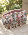 Handmade Quilted Cotton Duffle Bag, Floral Block Print Travel Weekender, Boho Style