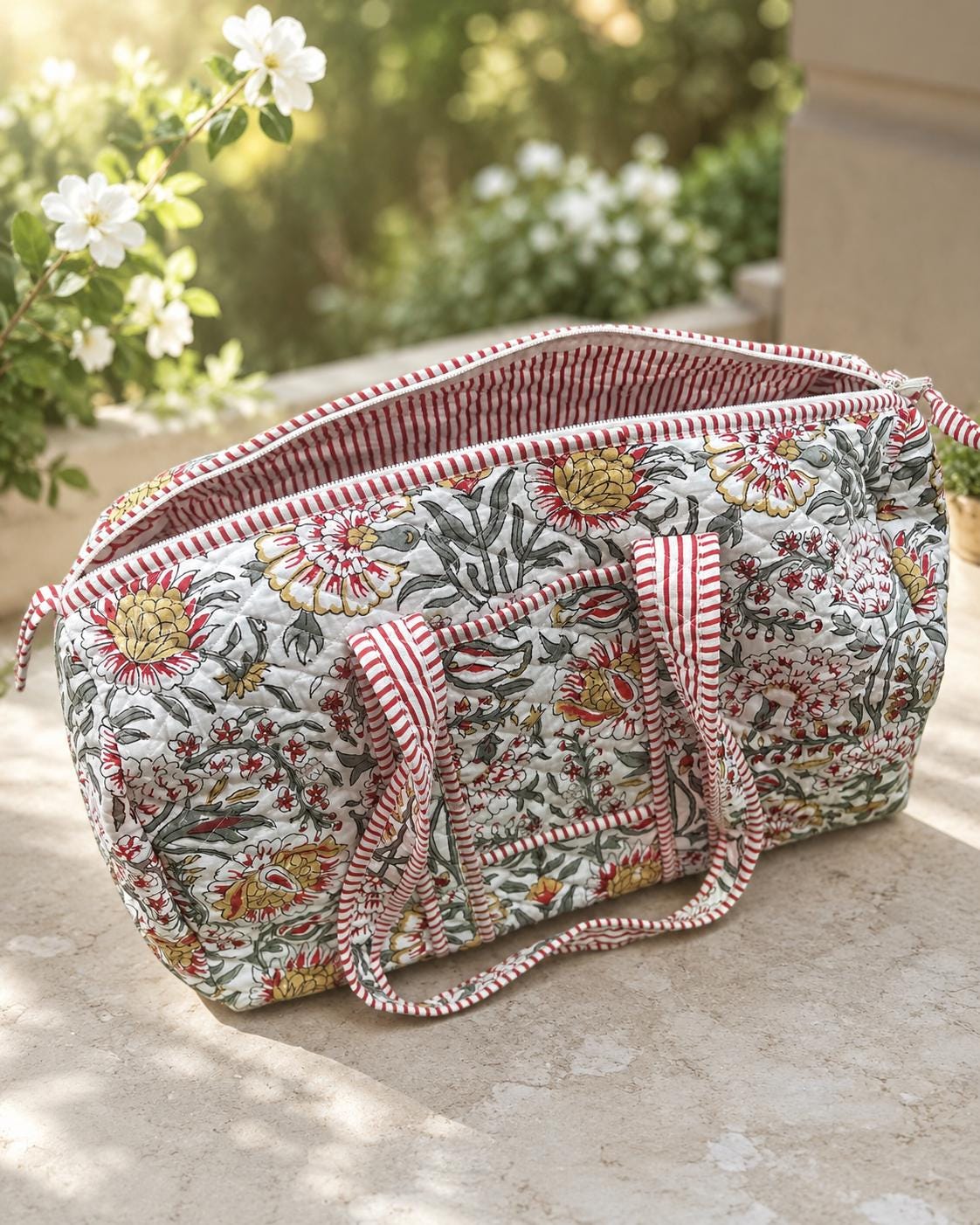 Handmade Quilted Cotton Duffle Bag, Floral Block Print Travel Weekender, Boho Style