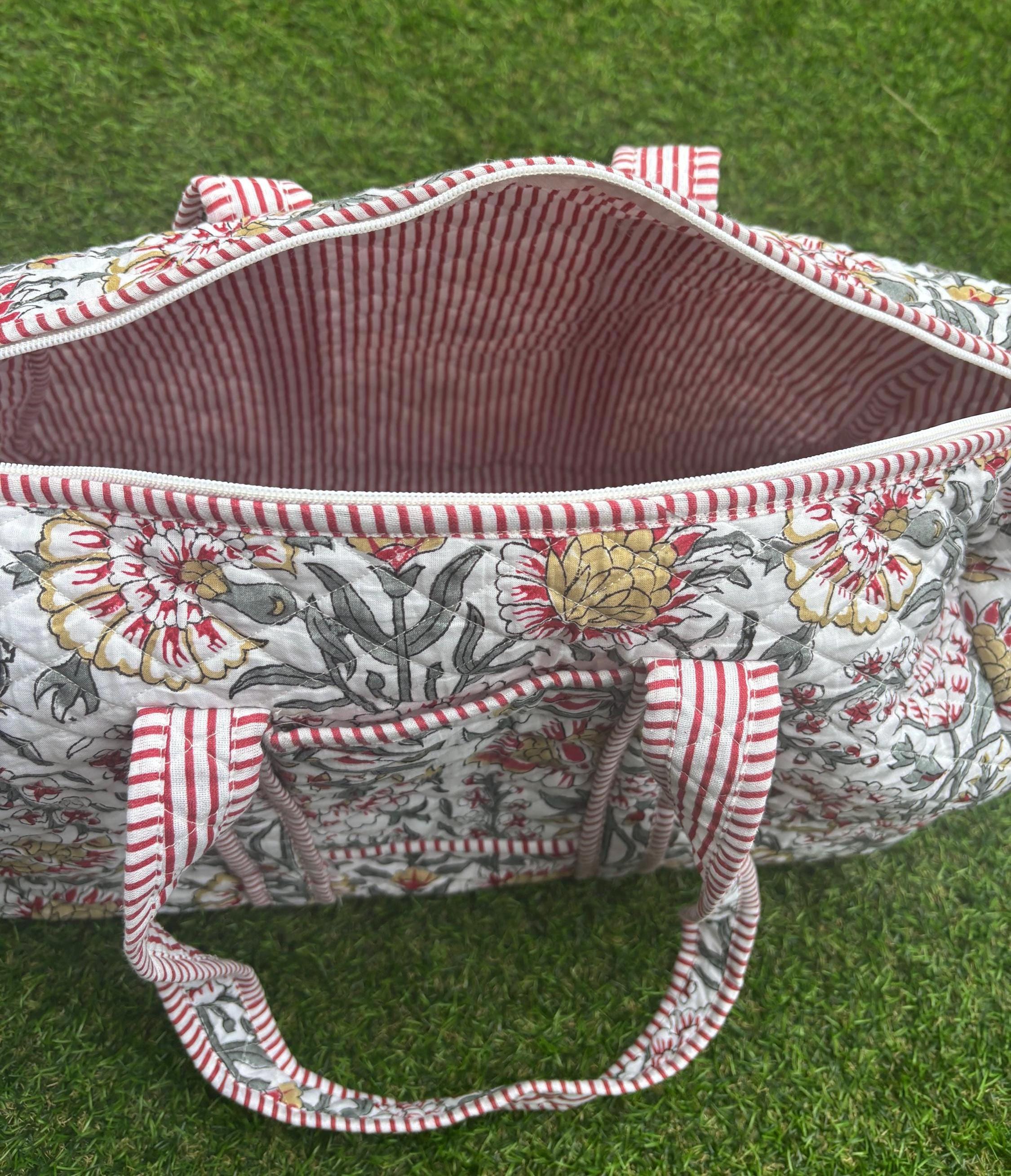 Handmade Quilted Cotton Duffle Bag, Floral Block Print Travel Weekender, Boho Style