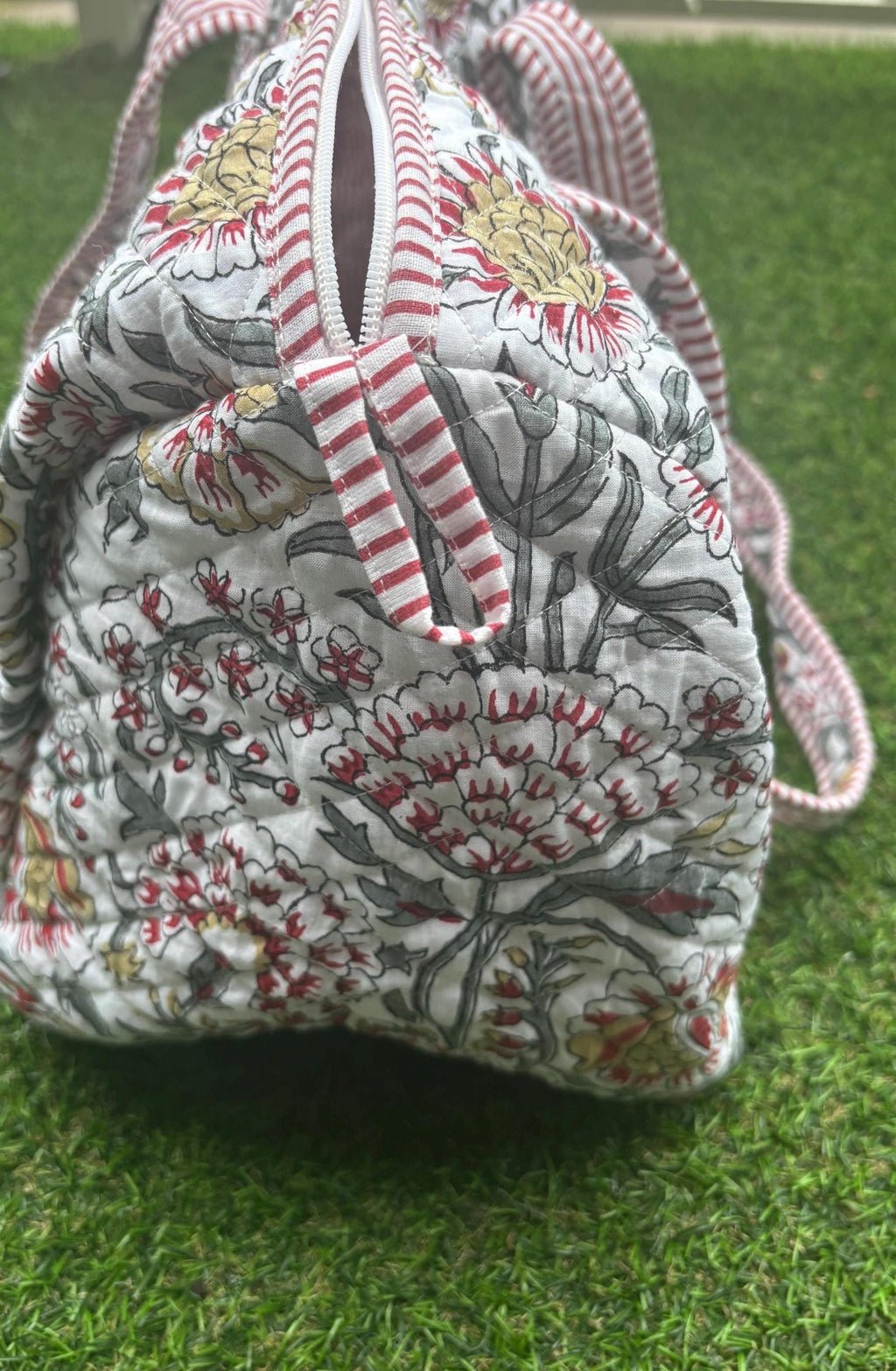 Handmade Quilted Cotton Duffle Bag, Floral Block Print Travel Weekender, Boho Style