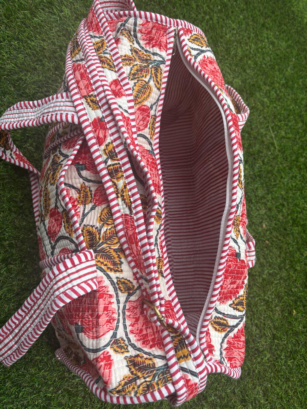 Quilted Cotton Duffle Bag, Handmade Block Print Travel Weekender, Boho Style Woman Bag
