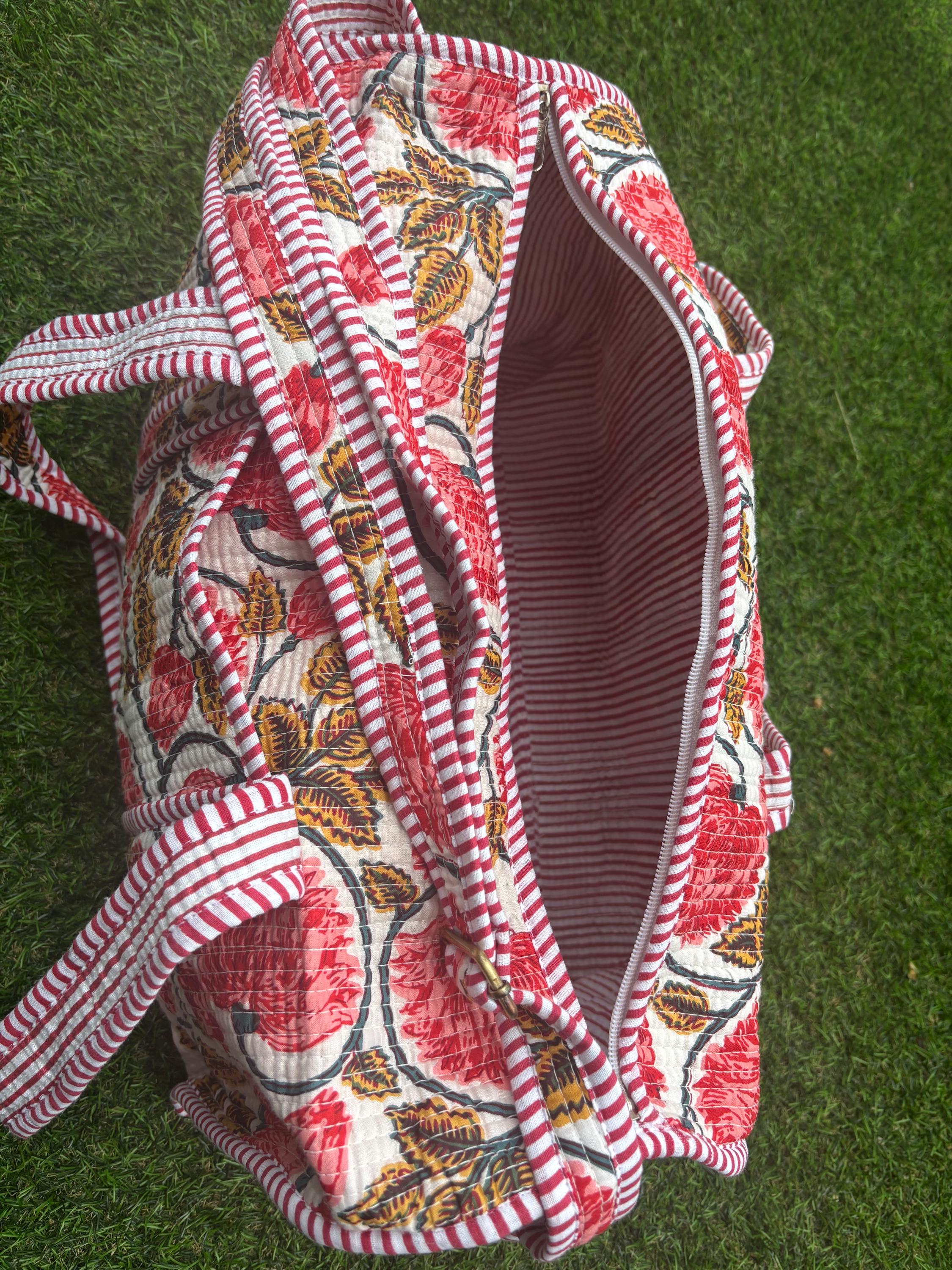 Quilted Cotton Duffle Bag, Handmade Block Print Travel Weekender, Boho Style Woman Bag