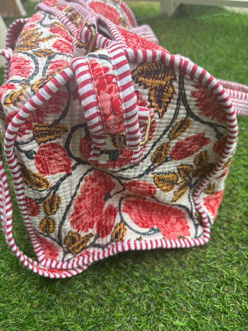 Quilted Cotton Duffle Bag, Handmade Block Print Travel Weekender, Boho Style Woman Bag