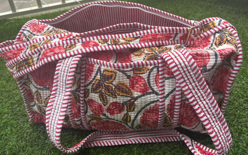 Quilted Cotton Duffle Bag, Handmade Block Print Travel Weekender, Boho Style Woman Bag