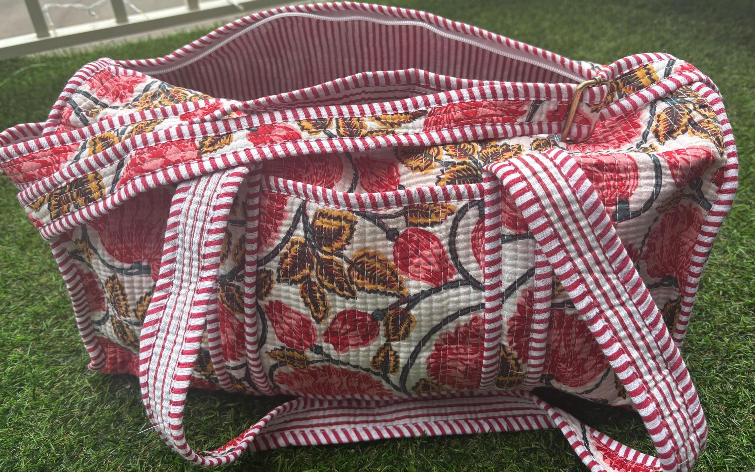 Quilted Cotton Duffle Bag, Handmade Block Print Travel Weekender, Boho Style Woman Bag