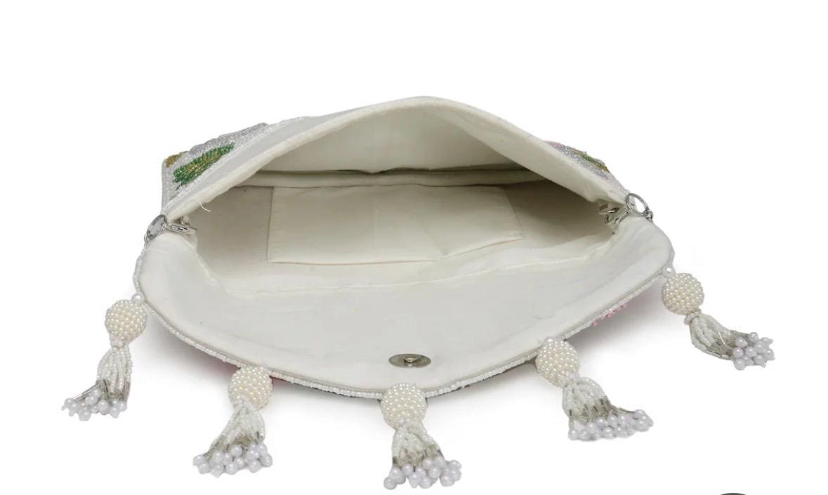 Beaded Floral Envelope Clutch | Pearl Tassel Evening Purse, Wedding Bag