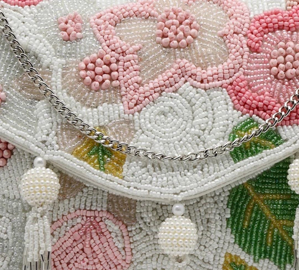 Beaded Floral Envelope Clutch | Pearl Tassel Evening Purse, Wedding Bag