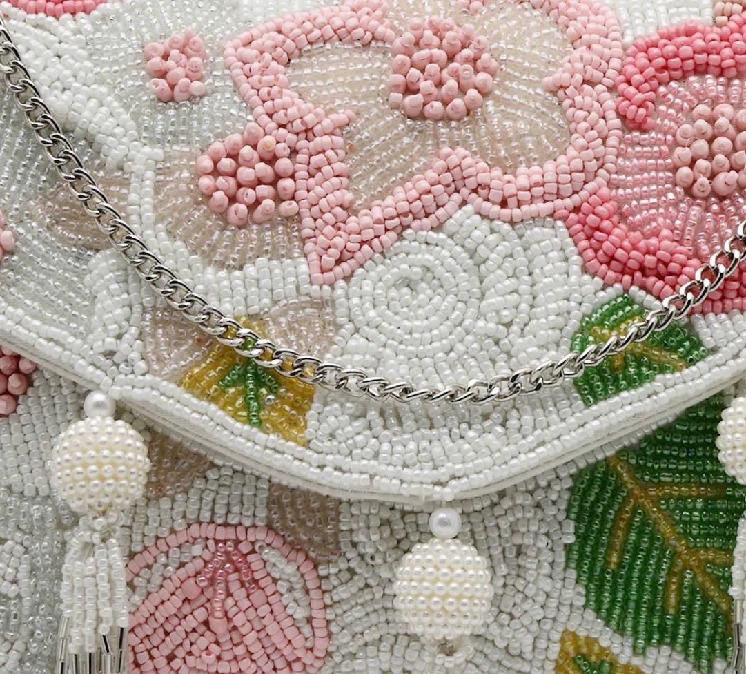 Beaded Floral Envelope Clutch | Pearl Tassel Evening Purse, Wedding Bag