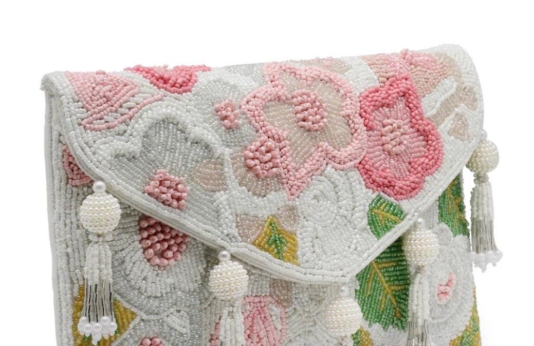 Beaded Floral Envelope Clutch | Pearl Tassel Evening Purse, Wedding Bag