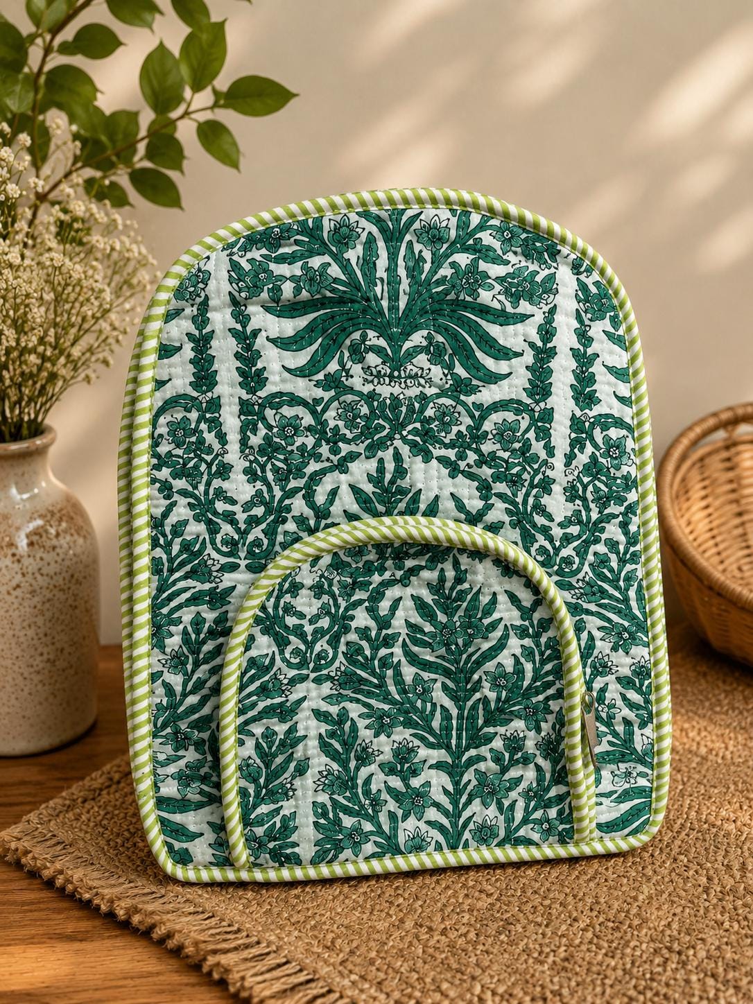 Hand Block Printed Cotton Quilted Backpack, Boho Floral Travel Daypack, Lightweight Everyday Bag