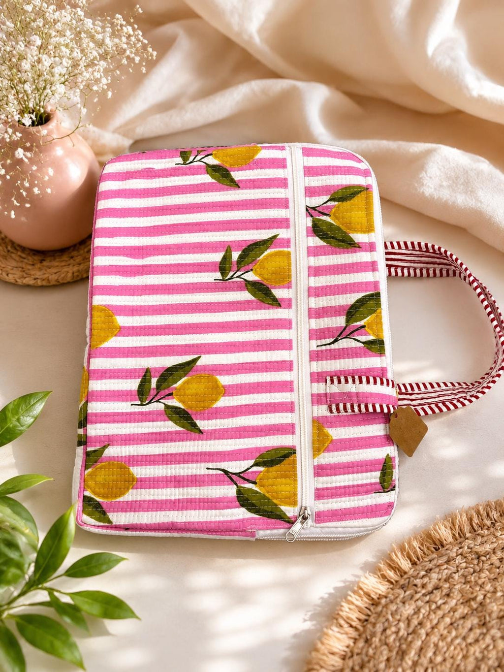 Quilted Block Print Laptop Sleeve | Bohemian Cotton iPad Bag (15x11 inches)