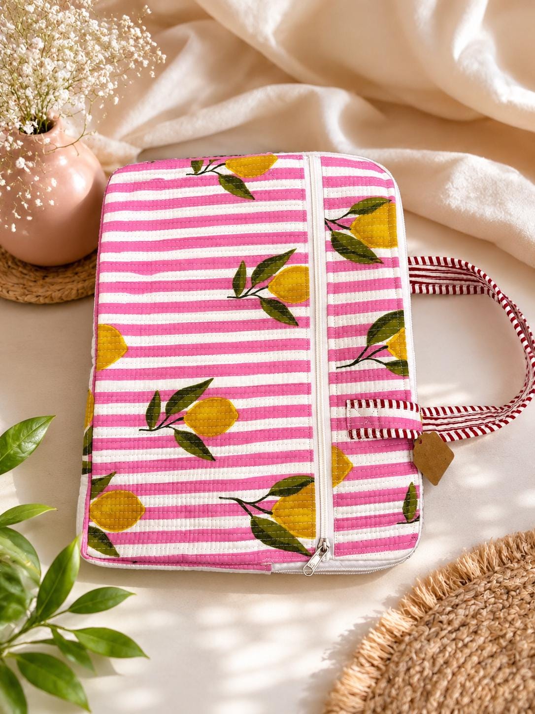 Quilted Block Print Laptop Sleeve | Bohemian Cotton iPad Bag (15x11 inches)