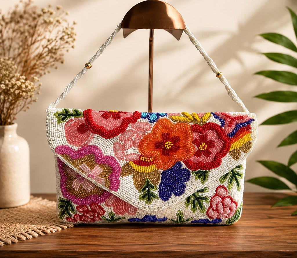 Handmade Floral Beaded Clutch Purse | Bridal Wedding Party Handbag