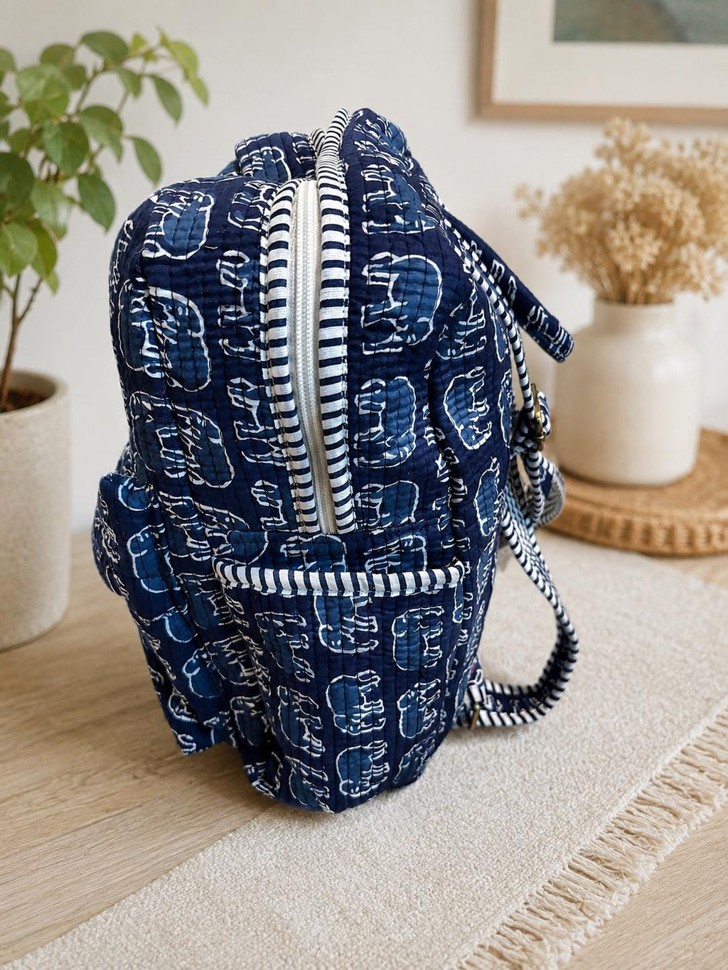 ElephantPrint Quilted Cotton Backpack, Boho Travel Daypack, Lightweight Everyday Bag