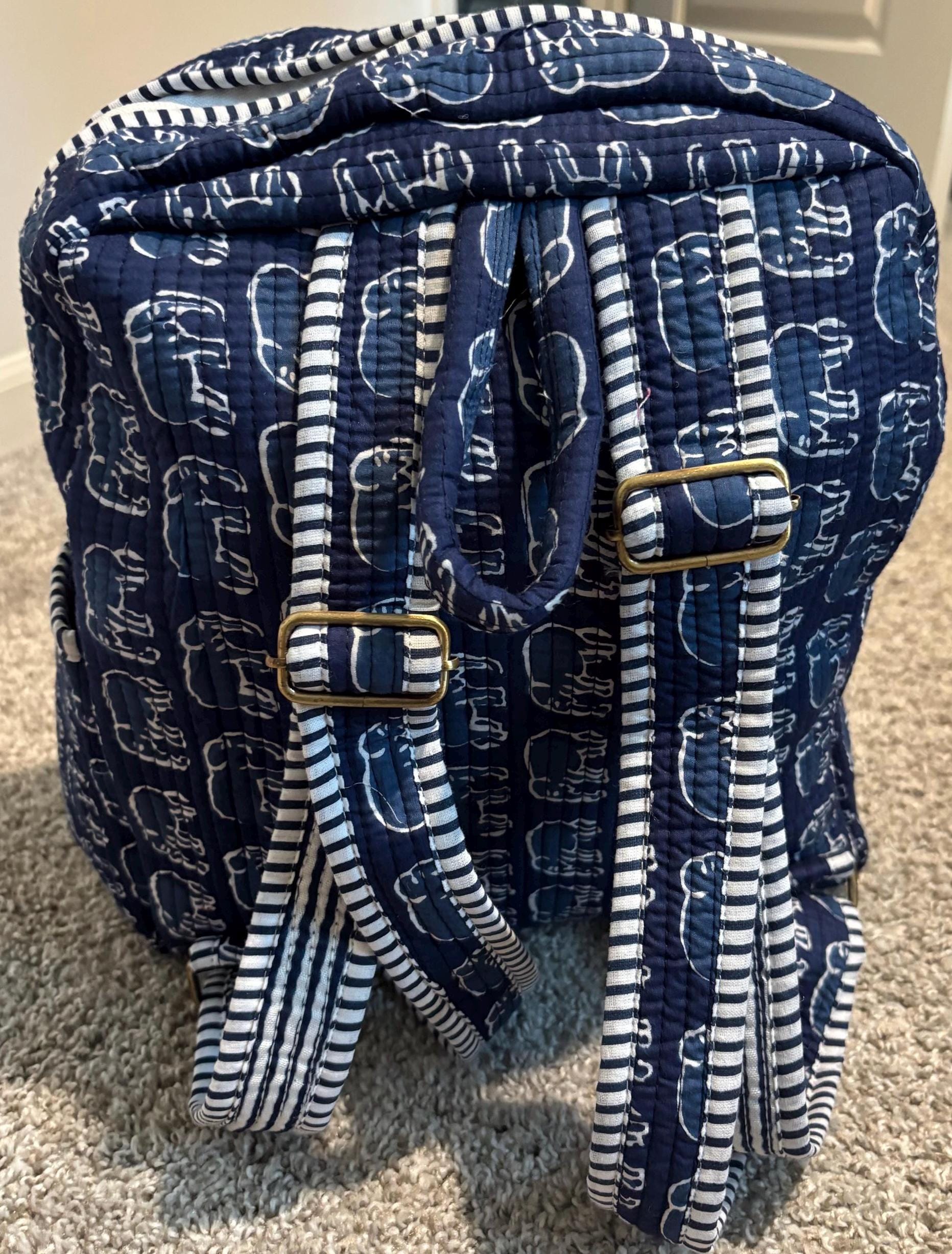 ElephantPrint Quilted Cotton Backpack, Boho Travel Daypack, Lightweight Everyday Bag