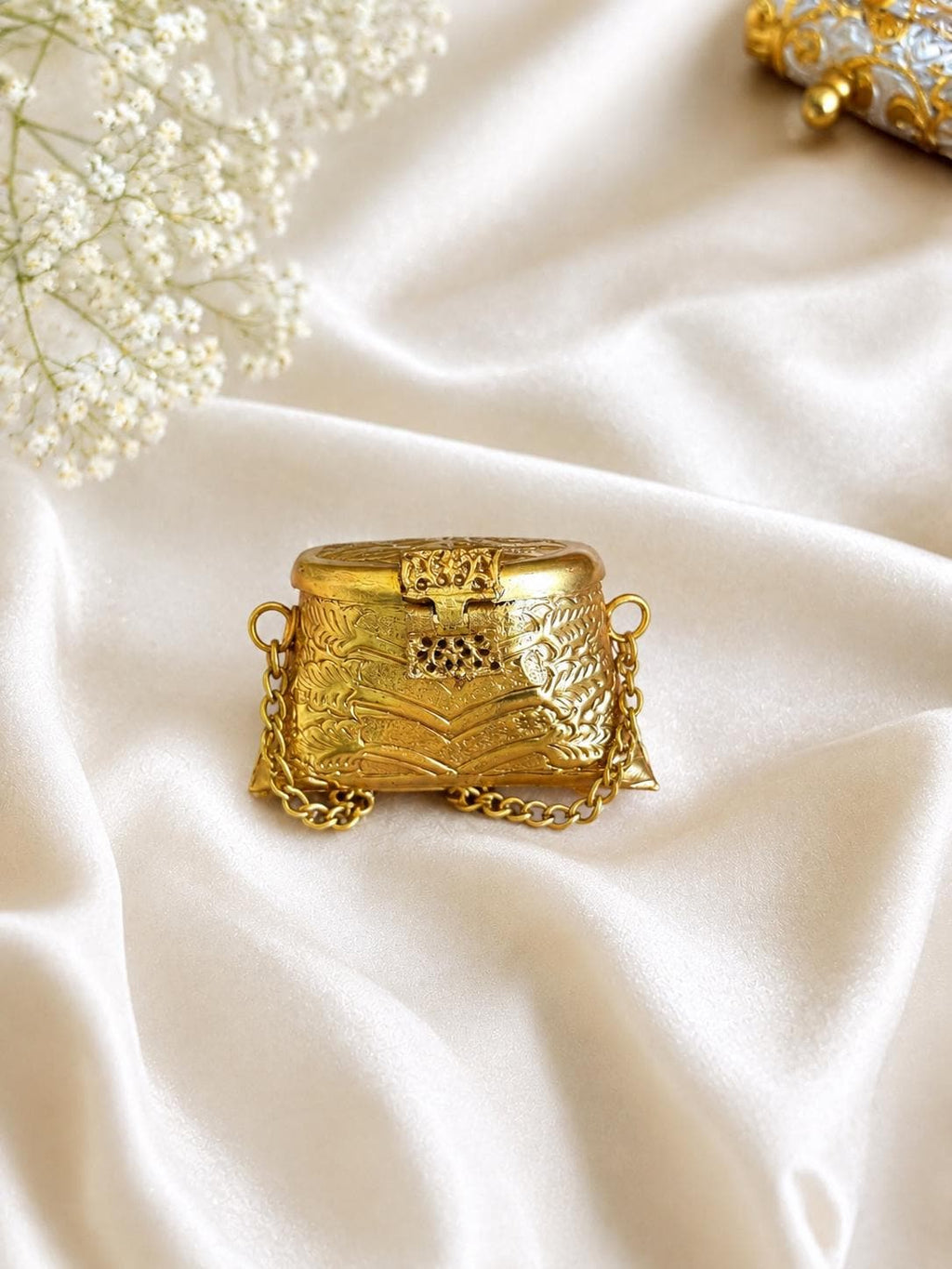 Handcrafted Gold Mini Clutch Box | Embossed Metal Trinket Purse, Indian Wedding Favor