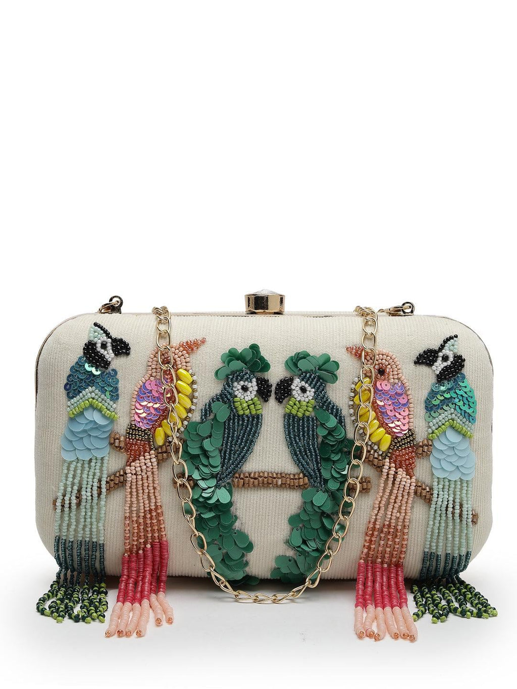 Beaded Bird Clutch Bag | Embroidered Evening Purse, Nature Inspired Ivory Fabric
