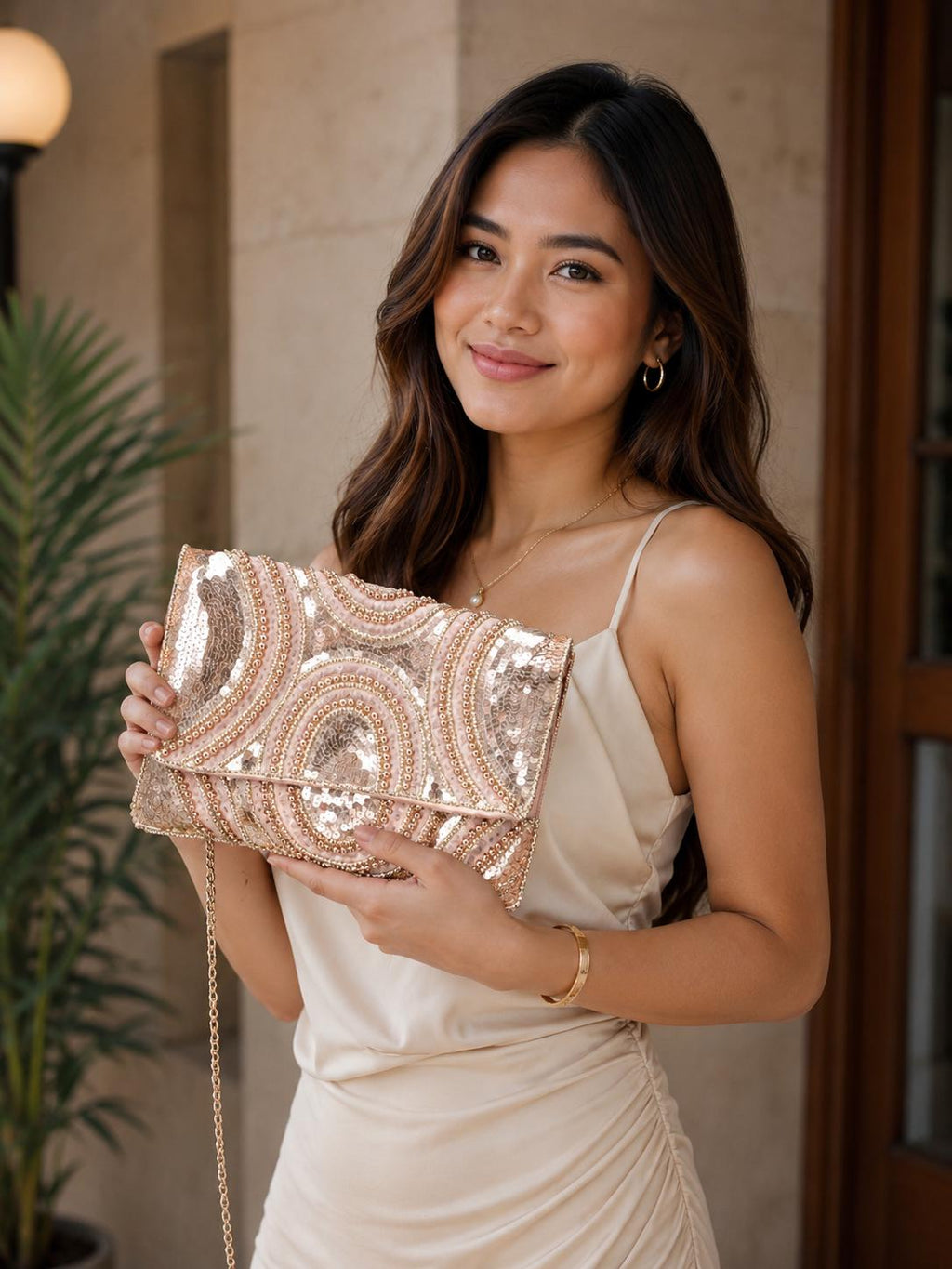 Rose Gold Beaded Clutch | Sequin Evening Bag, Art Deco Geometric Purse