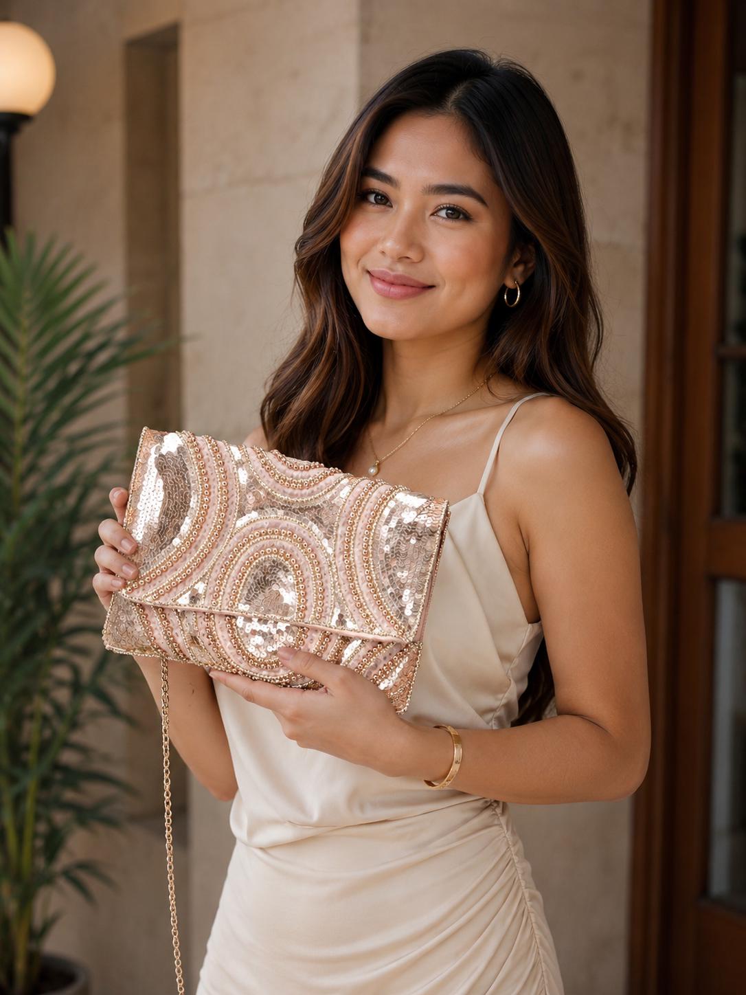 Rose Gold Beaded Clutch | Sequin Evening Bag, Art Deco Geometric Purse