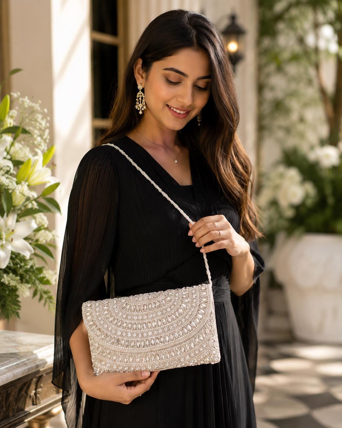 White Silver Crystal Clutch | Rhinestone Embellished Evening Bag | Bridal Purse
