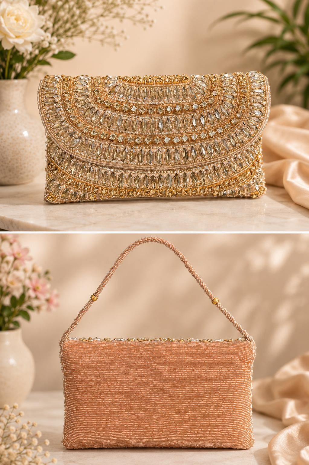 Champagne Gold Crystal Clutch | Rhinestone Embellished Evening Bag | Bridal Purse