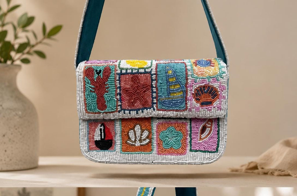 Handmade Beaded Shoulder Bag | Coastal Nautical Lobster Sailboat Seashell Motifs